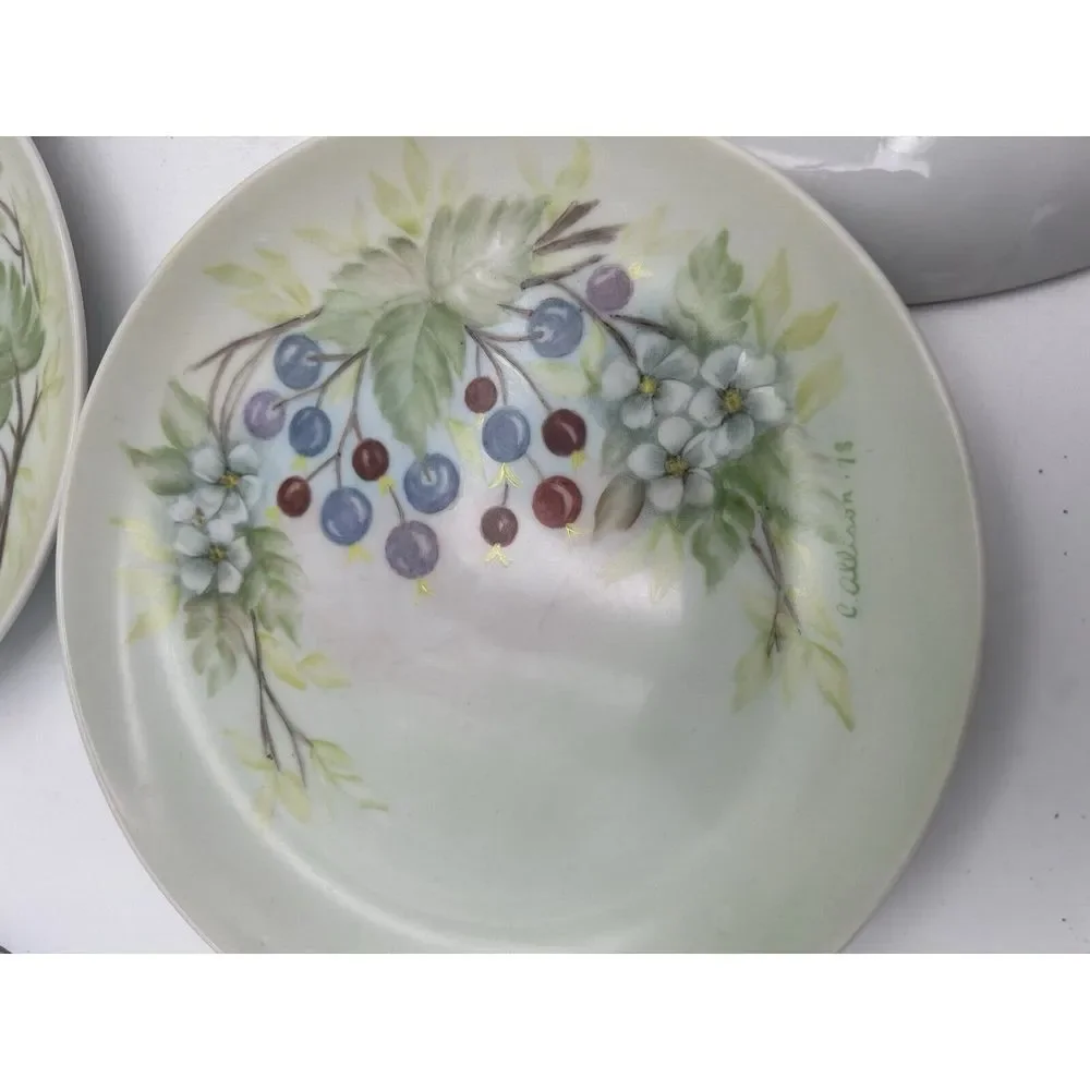 Studio Pottery Hand Painted Salad Plates‎ Dogwood Flowers Blueberries (6) Signed